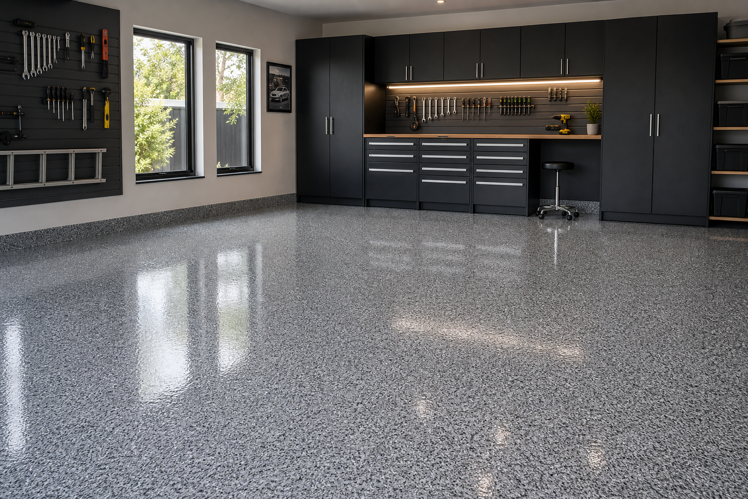 Modern garage with grey decorative flake epoxy floor