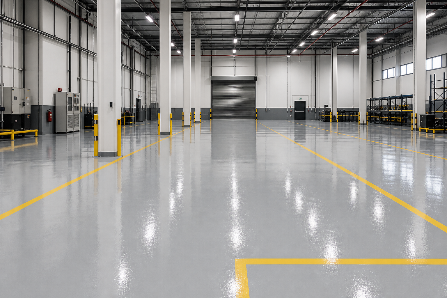 Industrial warehouse with grey epoxy coating and yellow safety lines