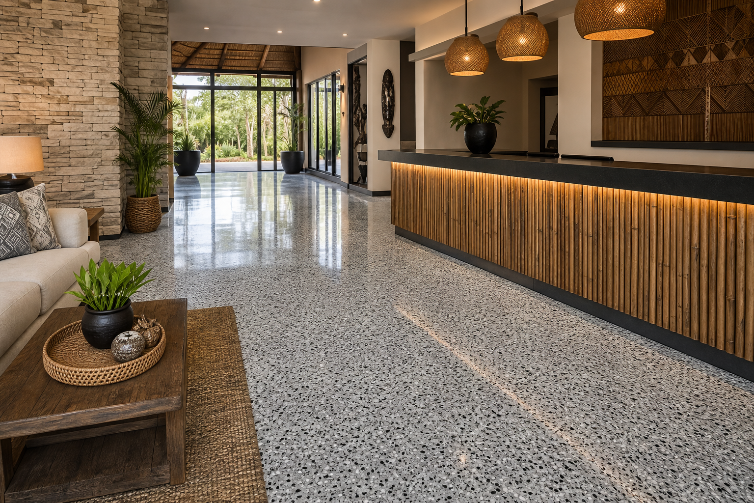 Boutique lodge reception with decorative flake epoxy floor