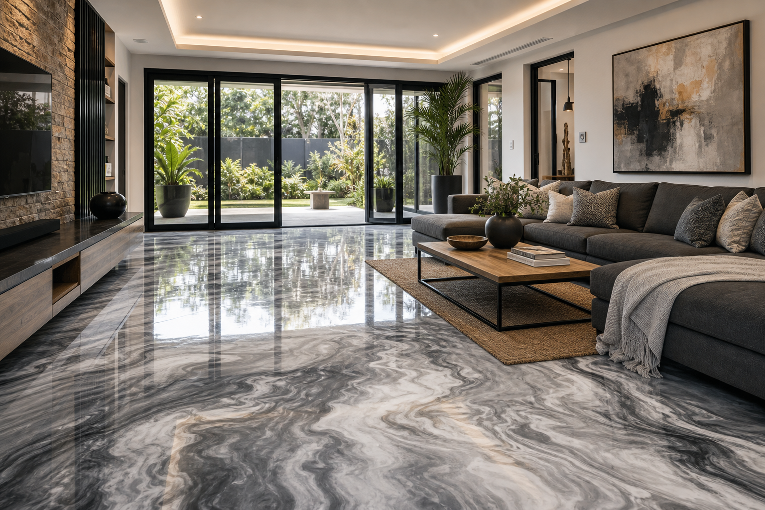 Modern Zimbabwean living room with grey metallic epoxy floor