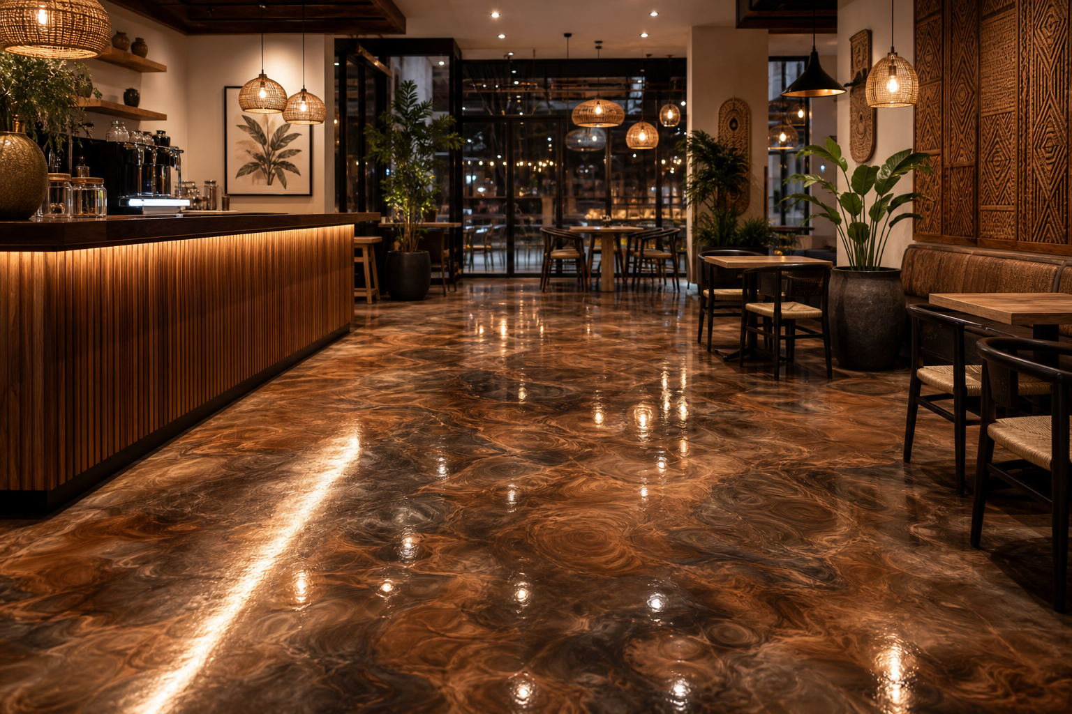 Modern restaurant with copper smoke metallic epoxy floor