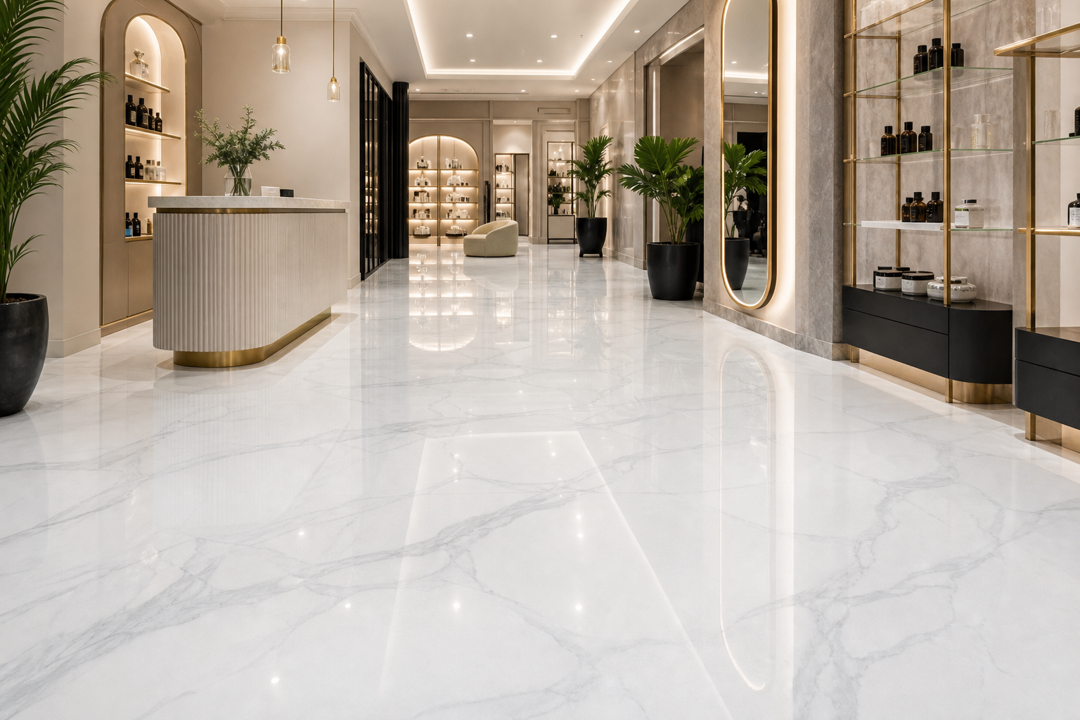 Retail salon with pearl white metallic epoxy floor