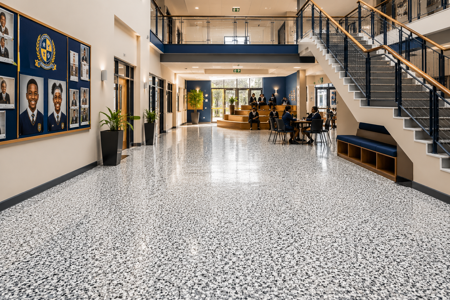 Decorative flake epoxy floor in a school-style atrium