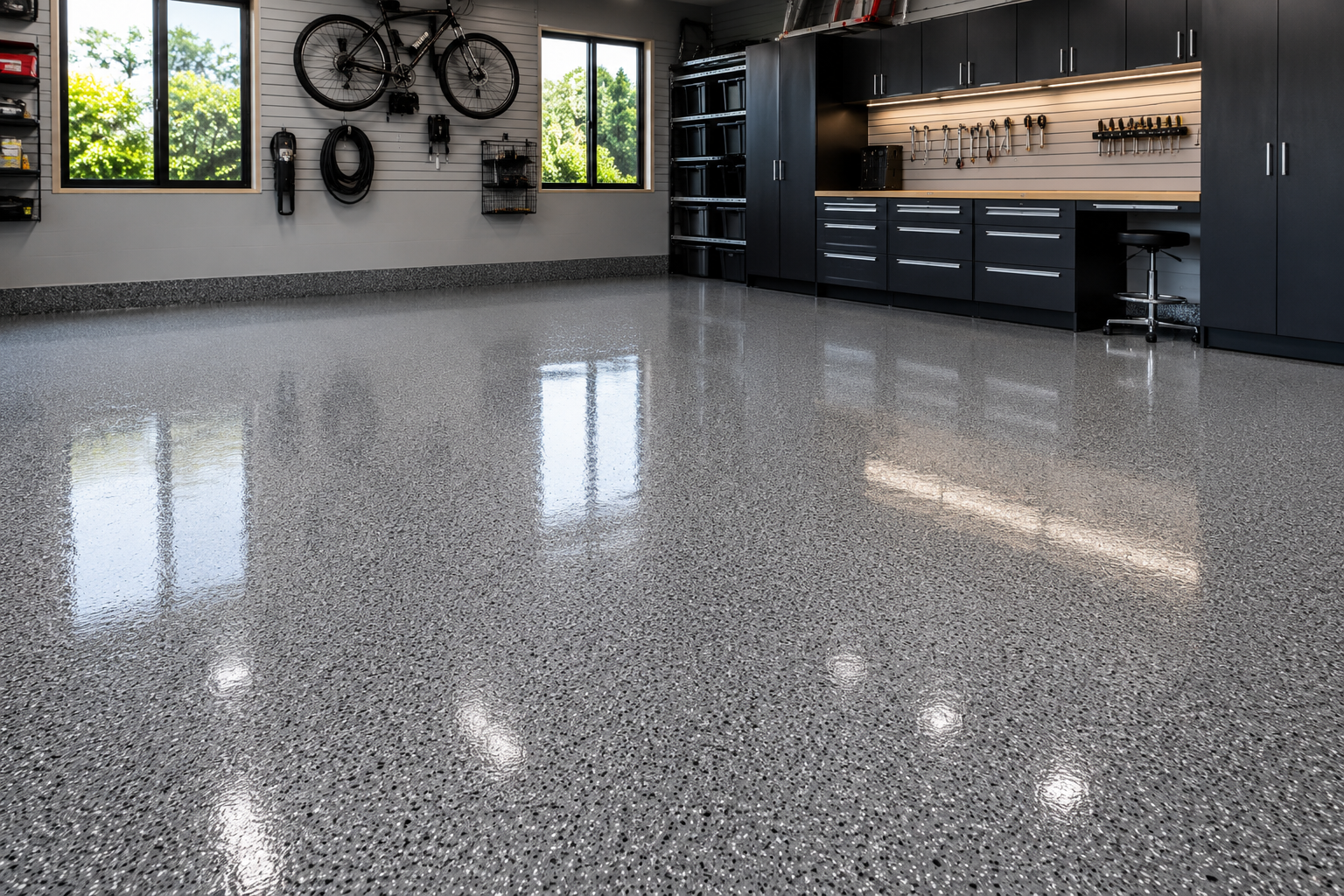 Garage epoxy floor with glossy grey flake finish