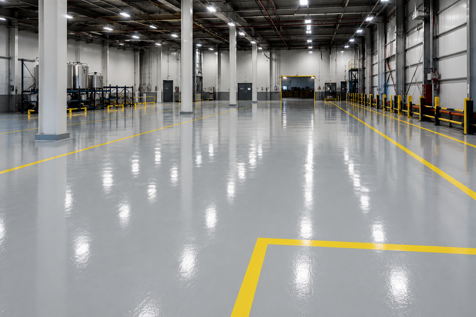 Industrial epoxy floor coating in a warehouse with safety lines